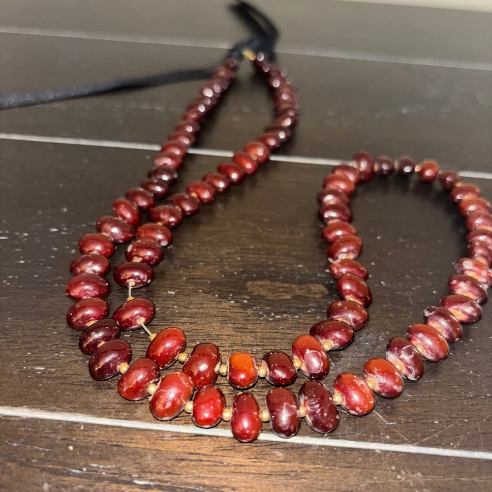 Vintage | Burgundy | Red Organic Seed Nut | Necklace | Black Ribbon Tie